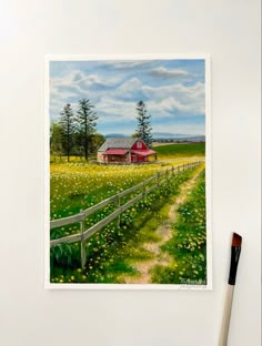 a painting of a farm with a red barn in the background