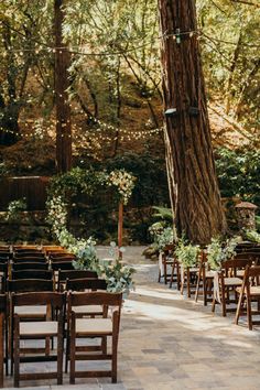 an outdoor ceremony setup with wooden chairs and greenery on the aisle, in front of a large tree