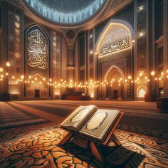 an open book sitting on top of a wooden table in a room filled with lights