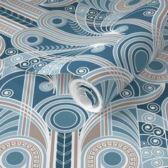 an abstract blue and beige wallpaper with circles, swirls and lines on it