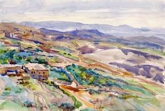 watercolor painting of hills and houses in the distance