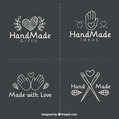 four logos for handmade gifts with hearts and hands holding leaves, arrows and heart