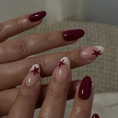 Nail Inspo Simple Design, Anna Nails, December Nails, Maroon Nails, Red French, Y2k Nails, Makijaż Smokey Eye