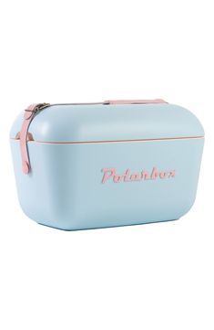 a blue and pink lunch box with the word potahbox on it's side