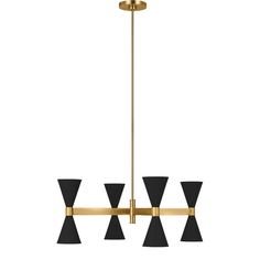 a brass and black chandelier with five lights hanging from the bottom to the ceiling