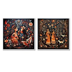 two paintings depicting women and animals on black background