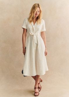 Short-sleeve embroidered midi dress;Belted waist;Classic collar;Patch pockets on the chest;Button placket on the front;Contrasting embroidery;Lined;Length from the shoulder: 116.5 cm (on a size EU36/UK8) Cream Dress In Fall, Midi Wedding Dress With Buttons, Cream Midi Shirt Dress, Womans Cream Dress, A Line Cream Dress, Cream Dress Sleeve, Midi White Dress Sleeves, Cream Dress Outfit Classy, Corporate Summer Outfits