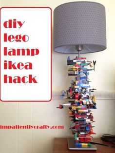 a lamp that is made out of legos on top of a table with the words diy leg lamp ikea hack underneath it