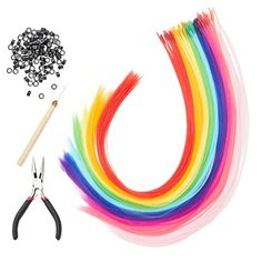 Each strand is made from high-quality synthetic fiber, ensuring that it's durable and long-lasting. The kit includes 20-inch strands, making them great for a variety of hairstyles, from braids and twists to updos and ponytails. But our rainbow hair extensions kit isn't just about the strands - it also includes all the tools and accessories you need to create your look. The colorful hair extensions come with microbeads that make it easy to attach the strands to your hair, as well as a specialized Microbead Hair Extensions, Rainbow Hair Extensions, Bead Hair Extensions, Fake Hair Buns, Micro Bead Hair Extensions, Beaded Hair Extensions, Beads Kit, Synthetic Braiding Hair, Bead Hair