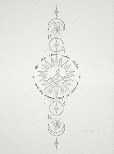 the back side of a tattoo design with stars, moon and crescents on it