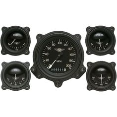 four different gauges are shown in this set of five pieces, each with an analog dial