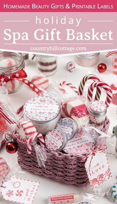 the holiday spa gift basket is filled with homemade beauty gifts and printable labels for christmas