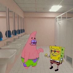 an animated image of spongebob and patrick in a bathroom with urinals