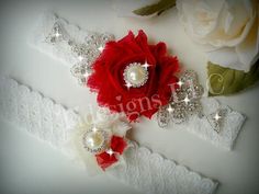 Beautiful, Vintage Inspired Garter Set © 2013 Tidesigns  ** To receive 10% off from your orderjoin us on Facebook!!  Simply copy and paste the link below: https://www.facebook.com/pages/TIdesigns-Beautiful-Accessories/204686906293489?ref=hl   ~~ Important ~~ Please make sure to leave your thigh measurement in "Note to seller" during checkout & please mention your wedding date to ensure timely delivery. This gorgeous garter set is made with beautiful ivory lace (stretchable). It is decorated with Rhinestone Applique Embellishments, Red Garter, Crystal Garter, Rhinestone Garter, Bridal Garters Set, Wedding Garter Set, Wedding Garters, Fashion Tape, Shabby Flowers