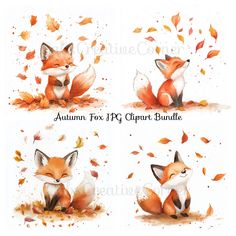 four different pictures of a fox with autumn leaves on it's back and the words autumn for jfg clipart bundle