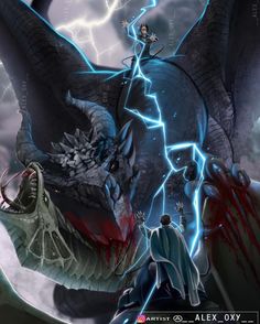 an animated image of a dragon attacking a man with lightning in the sky behind him