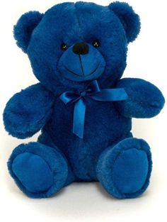 a blue teddy bear with a bow on it's neck and eyes, sitting in front of a white background