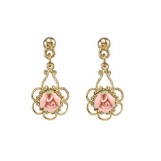 A Victorian style gold toned earrings that features a hand made rose in genuine porcelain. A delicate filigree design adds a whimsical touch to this classic design. Available in peach, yellow, light purple, white and pink Measurements: 0.94"H x 0.45"W Made In USA PORCELAIN ROSE COLLECTION Our enchanting Porcelain Rose Collection features charming pieces with a feminine, vintage feel. Gold-tone & silver-tone styles are decorated with roses made of genuine porcelain for a delicate look that adds a 50s Jewelry, Channel Jewelry, Whistle Necklace, Rose Gold Drop Earrings, 1950s Jewelry, Stylish Tattoo, Kawaii Earrings, 1928 Jewelry, Antique Locket