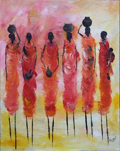 a painting of five african women in red dresses and carrying pots on their heads, with yellow background