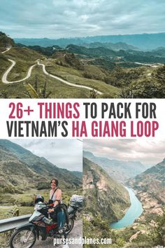 a woman sitting on a motorcycle with the text 26 things to pack for vietnam's ha giang loop