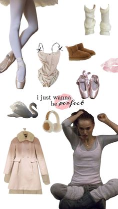 a woman is sitting on the floor surrounded by ballet shoes and other items that are in front of her