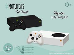 two video game controllers sitting next to each other in front of a box with the words, naturals for unit city living ep