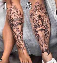 two women with tattoos on their legs, one is holding a fish and the other has a