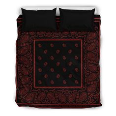 a black and red bed with two pillows