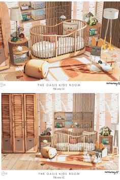 two pictures of baby cribs in the same room, one is made out of wood