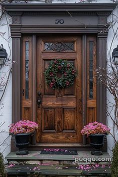 the front door is decorated with pink flowers