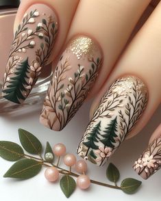 Forest Theme Nails, Difficult Nail Art, Forest Nail Art, Nail Ideas For Autumn, Nature Nail Art, Camping Nails, Wildflower Nails, Forest Nails, Cottagecore Nails