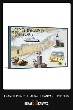 the long island new york poster is shown in black and white with an image of a boat