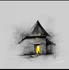 a drawing of a house with a light coming from the door