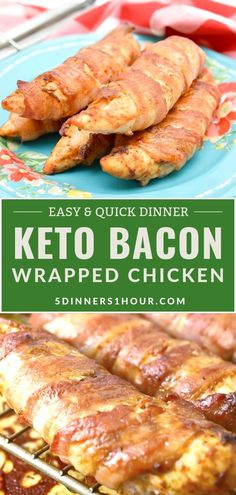 keto bacon wrapped chicken on a blue plate