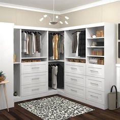 a white closet with drawers and clothes hanging on the wall, next to a rug