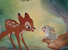 the little deer and rabbit are talking to each other in front of a forest scene