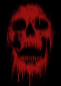 a red and black image of a skull with blood dripping from it's mouth