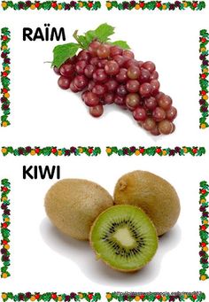 grapes, kiwi, and raisins are shown in three different frames