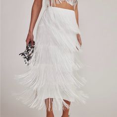 Shop 12th Tribe - Gatsby White Fringe Midi Skirt Purchased For My Wedding But Never Worn. Still New With Tags. White Fringe Skirt, Fringe Midi Skirt, Fall Sweater Dress, 12th Tribe, Bridal Tops, Fall Wedding Guest Dress, White Fringe, Top Wedding Dresses, Boho Girl