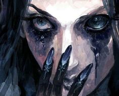 an artistic painting of a woman with her hands on her face and eyes covered in water droplets