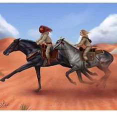 two women riding horses in the desert with clouds behind them and one woman sitting on her back