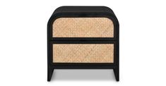 the side table with two drawers is made out of black wood and has a rattan pattern