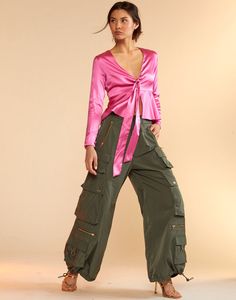 Kim Cargo Pant – Cynthia Rowley High-rise Green Cargo Pants With Side Pockets, Chic High-waisted Parachute Pants With Cargo Pockets, Cargo Pants Runway, Utility Wide-leg Cargo Pants With Drawstring, Green Wide-leg Nylon Cargo Pants, Satin Bralette, Tie Top, Cargo Pant, Cynthia Rowley