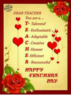 a happy teachers day card with roses and hearts on the front, in red and yellow