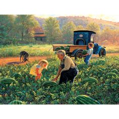 a painting of people picking watermelons in a field with an old truck behind them