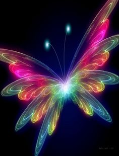 a colorful butterfly is flying through the air with its wings spread out and glowing in the dark