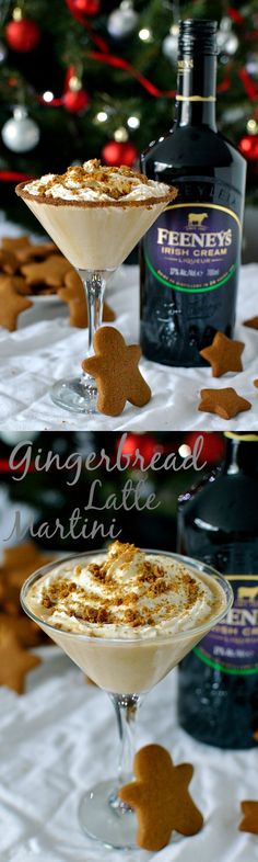 two martini glasses filled with dessert and topped with whipped cream next to a christmas tree