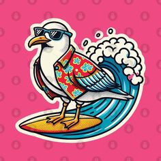 a bird with sunglasses on top of a surfboard in front of a pink background