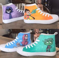 SOLD OUT!! Custom hand painted teen titans go sneakers on a pair of canvas high tops. Sneakers are not converse. They are unbranded. The size of the sneakers are a boys 7.  ONE OF A KIND!  Artwork is protected by a clear sealant. Price varies on custom orders. These are SOLD  You can have your sneakers custom painted the way you want! Just let me know the details and I'll create them for you! You can have your sneakers customized or painted with your favorite comic book superhero, or designed the way you want with your favorite characters from movie, tv, cartoons, or even your favorite sports teams! Because these are custom sneakers to order there are NO returns or exchanges. Prices vary depending on brand of sneakers and amount of artwork needed to be done. Just ask for pricing!! Sneakers Customized, Portraits Pencil, High Tops Sneakers, Pencil Portraits, Painted Hats, Portraits Art, Teen Titans Go, Boys Sneakers, Custom Hand Painted