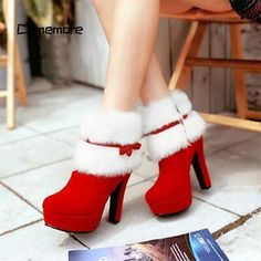 Great Shopping 2023 Luxury Christmas Boots Winter Women High Heel Plush Shoes Warm Santa Clause, Womens Shoes Red And Black Shoes, Pink Cargo Pants, Christmas Boots, Boots High Heels, Green Bras, Platform High Heel Shoes, Two Piece Pants Set, Boots High, High Heel Boots Ankle